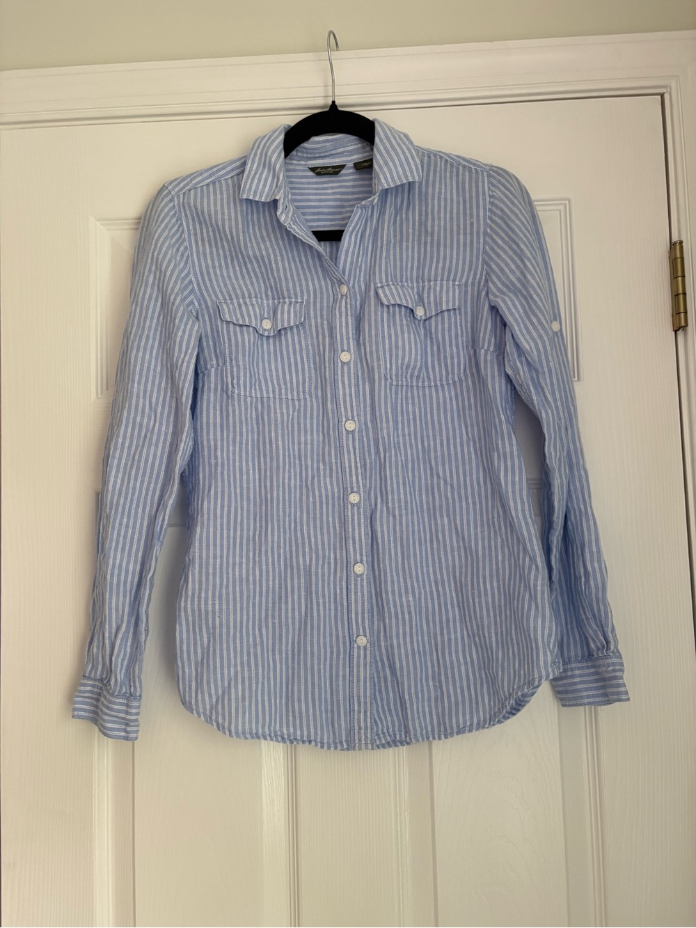 Eddie Bauer Blue and White Striped Button-Down Shirt linen cotton